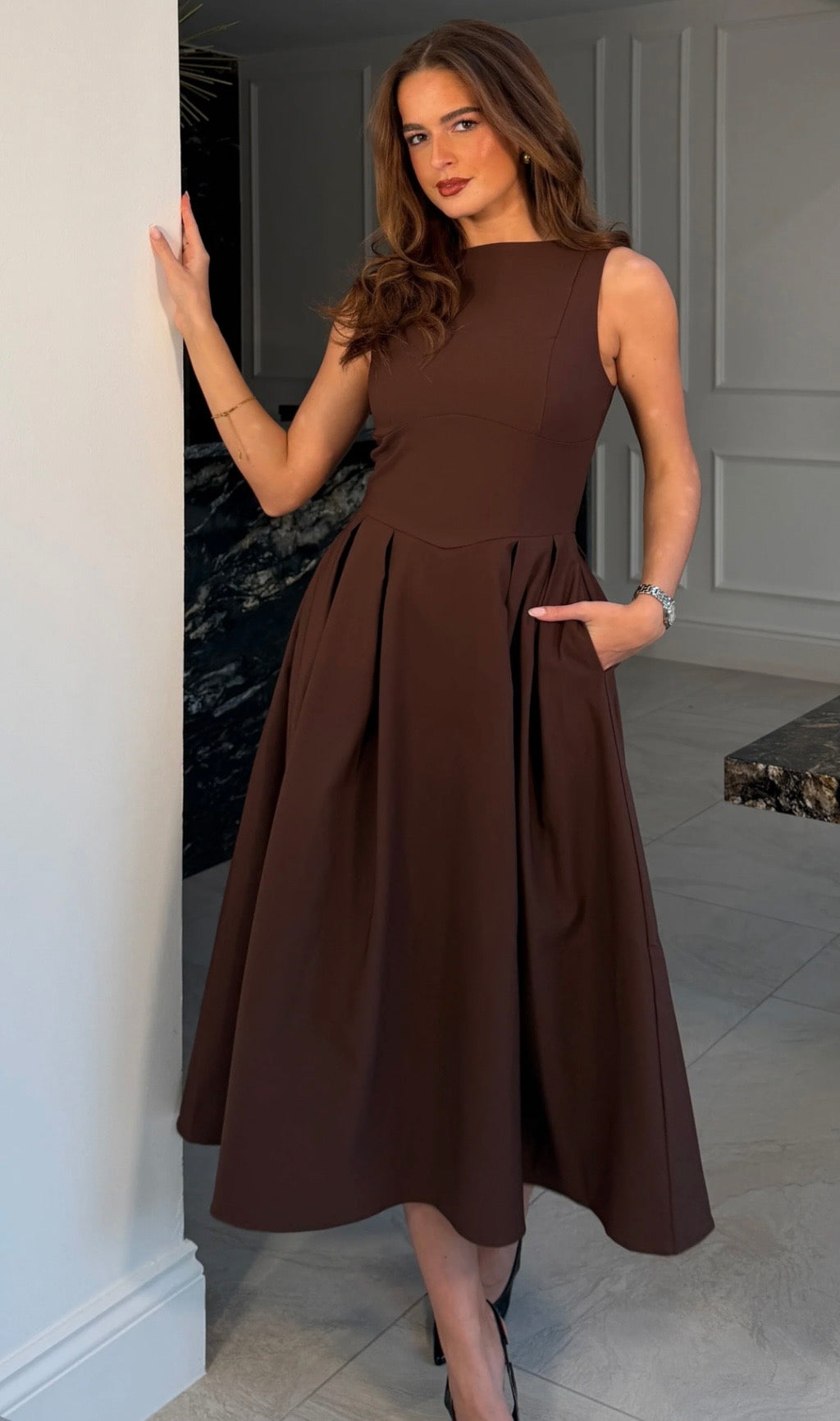 Nesta Boat Neck Skater Midi Dress Brown