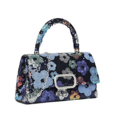 Navy Square Floral Sequin Bag