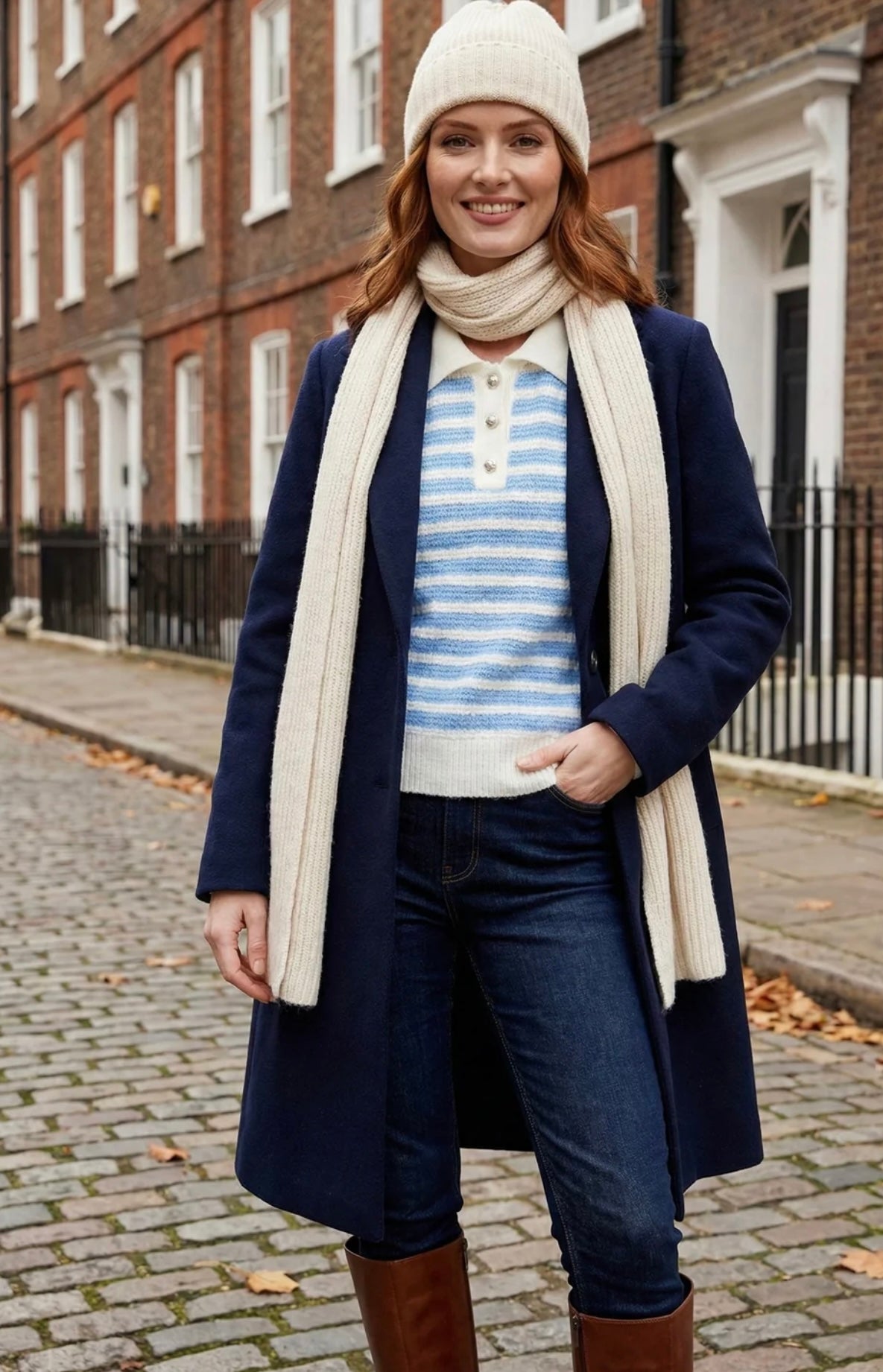 Light Blue & Cream Striped Jumper With Embellished Button Detail