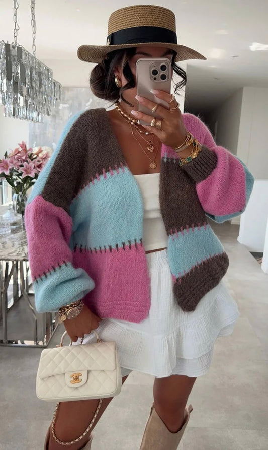 Pink Colour Block Cardigan