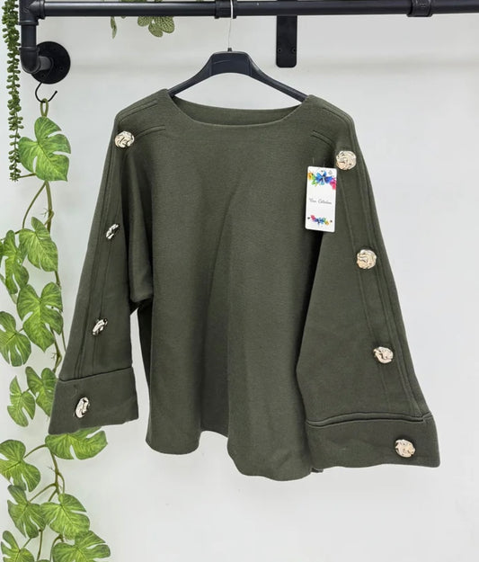 Khaki  Thick Knit Jumper With Gold Statement Buttons