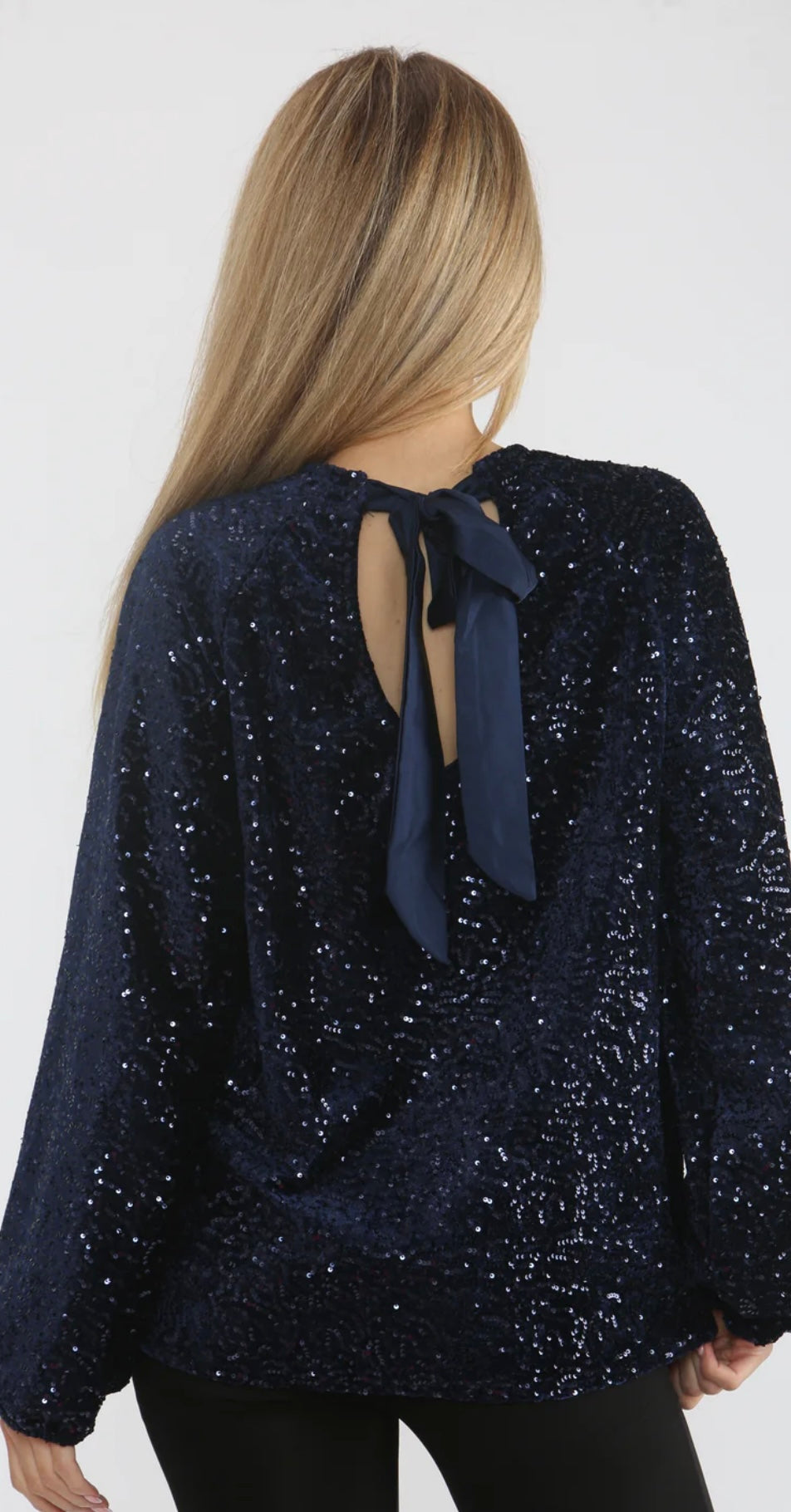 Navy Velvet Sequin Top With Bow Detail Back
