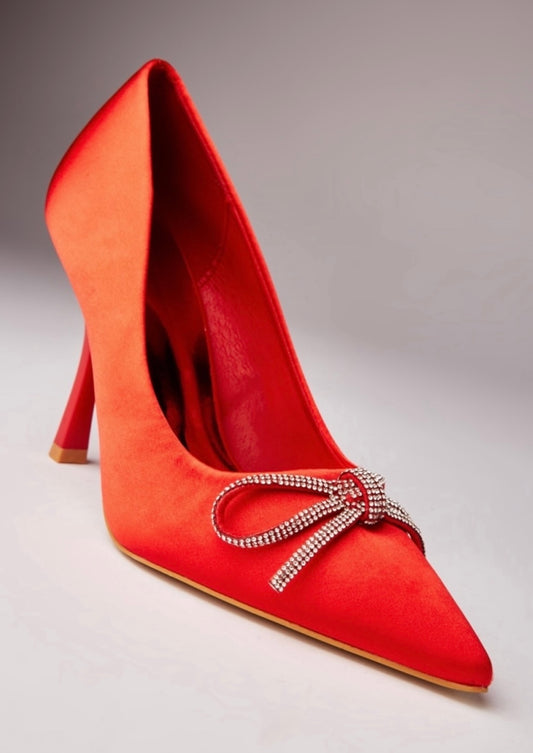 Red Satin Embellished Bow Detail Heels