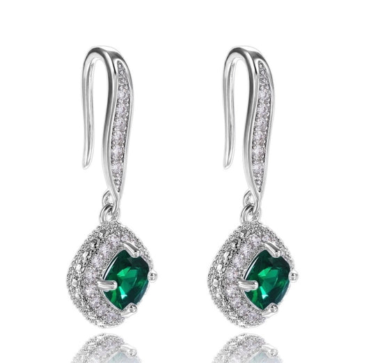 Sterling 925 Emerald Diamanté Hook Earrings