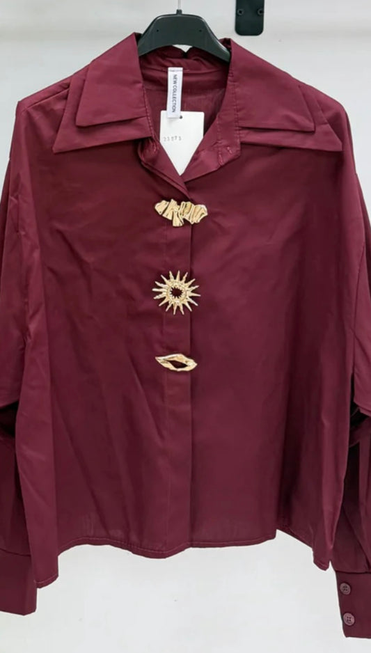 Burgundy Gold Brooch Embellished Shirt