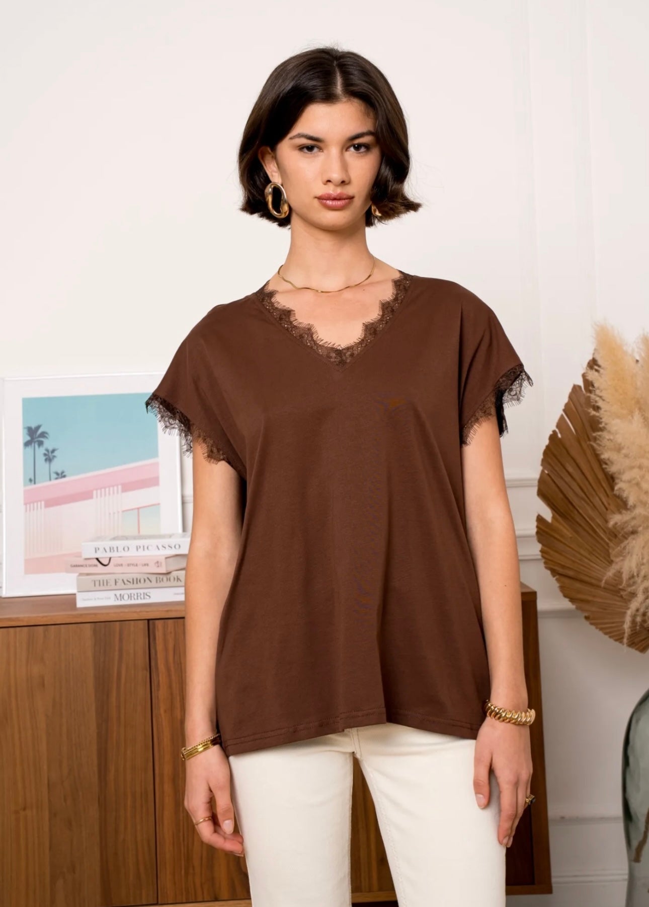 Brown T-Shirt With Lace Detail