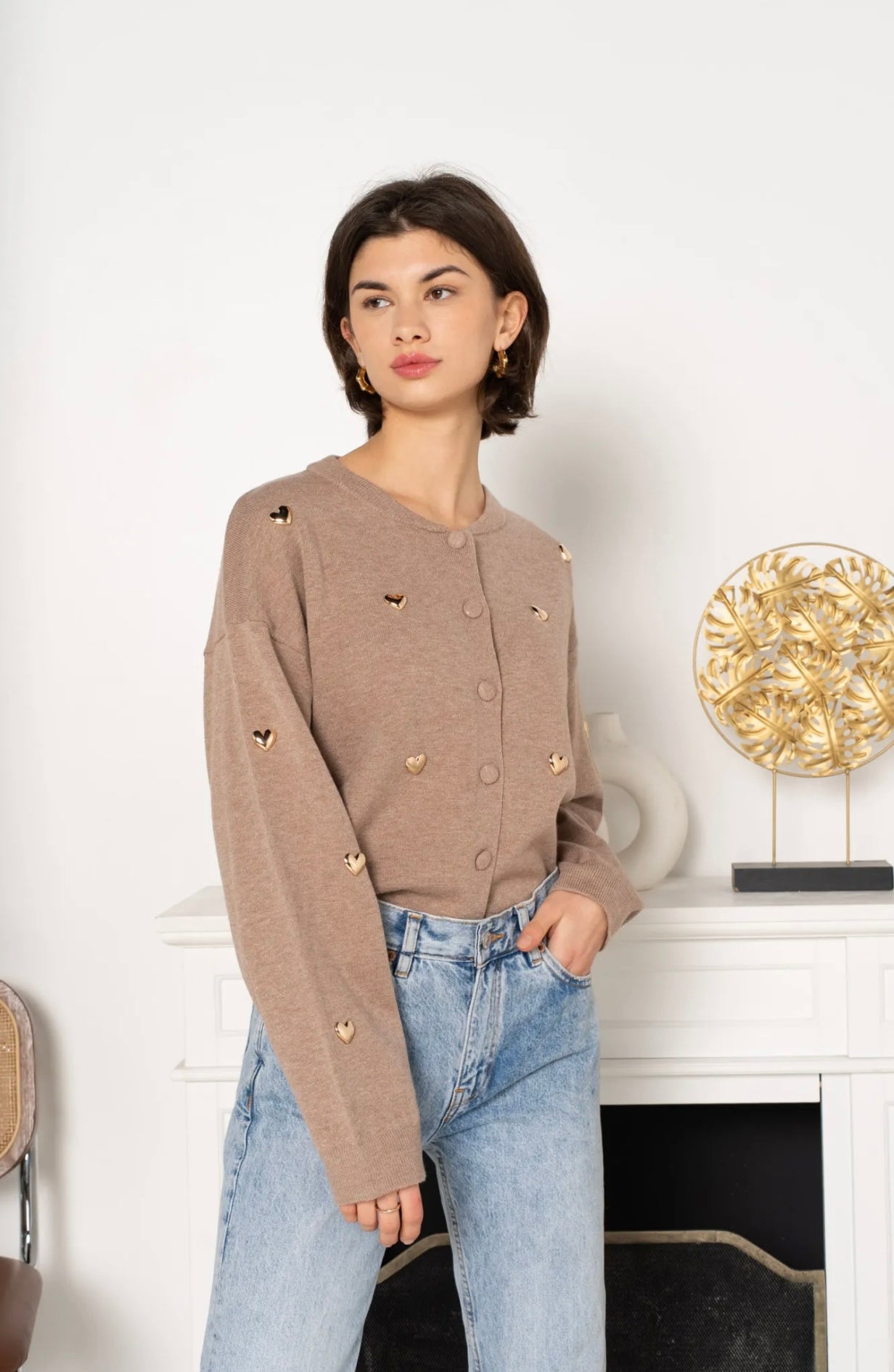 Natasha Taupe Heart Appliqué Detail Cardigan
