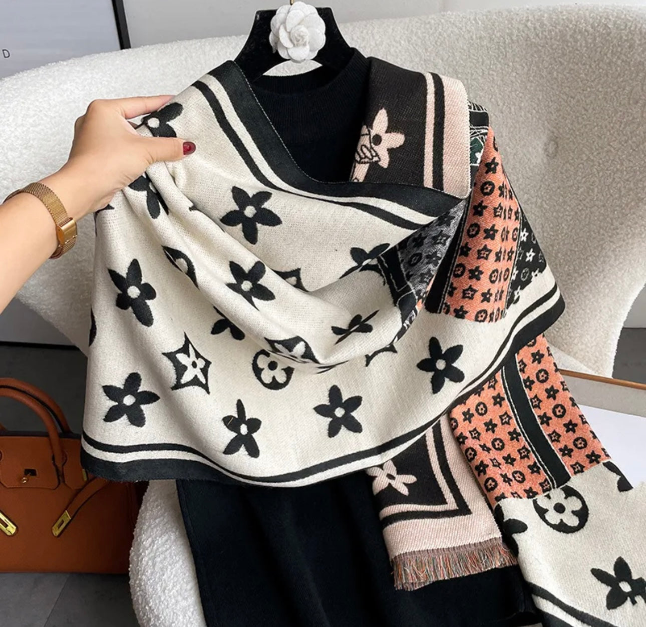 Black/Cream & Coral Monogram Scarf