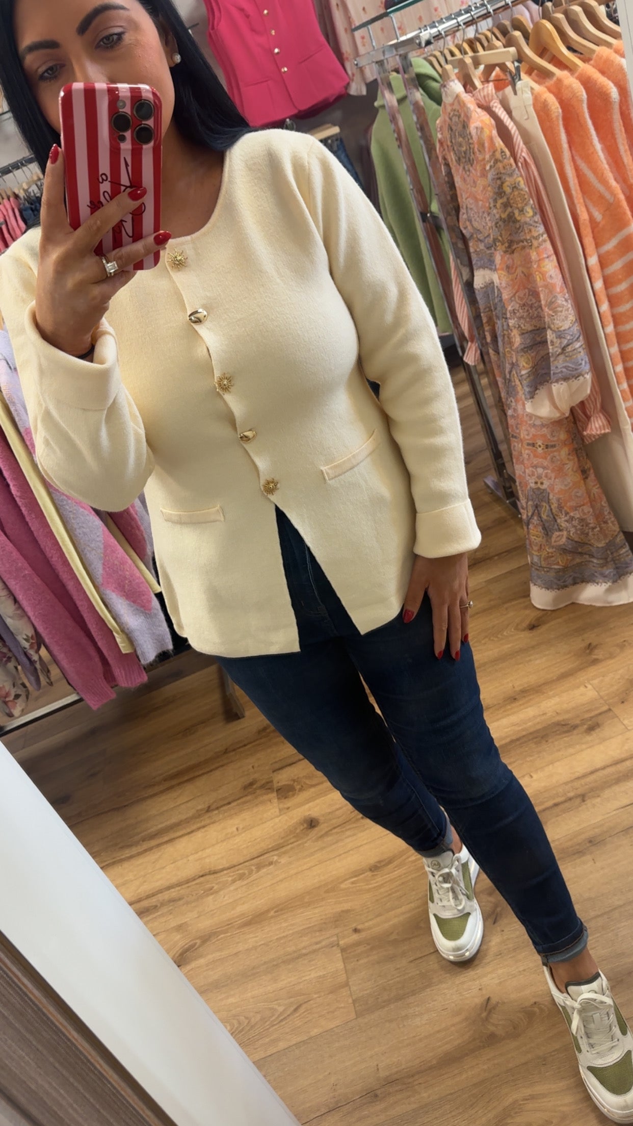 Carly Cream Peplum Cardigan Top With Gold Button Appliqué