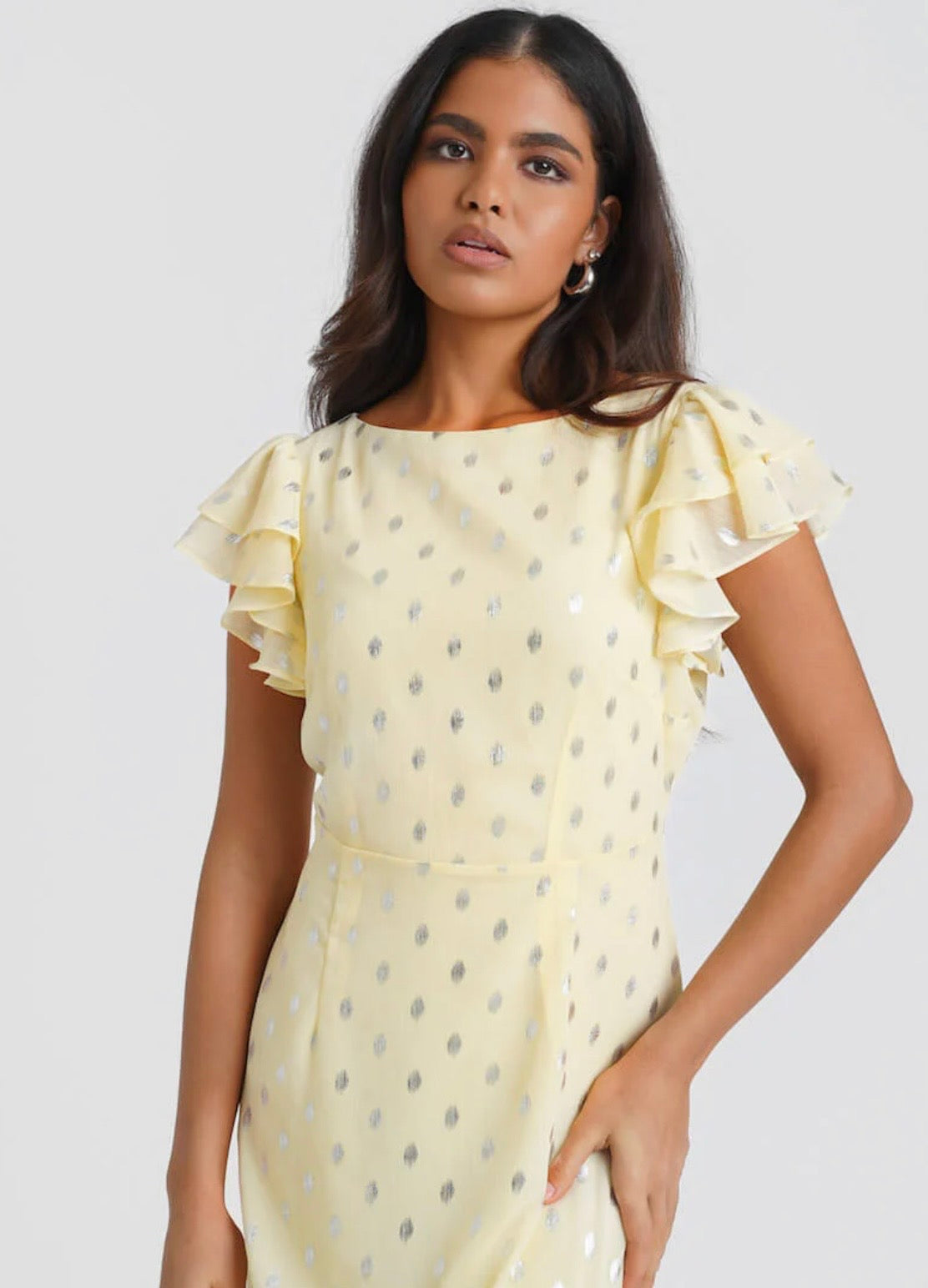 Nadia Lemon Flutter Sleeve Foil Midi Dress