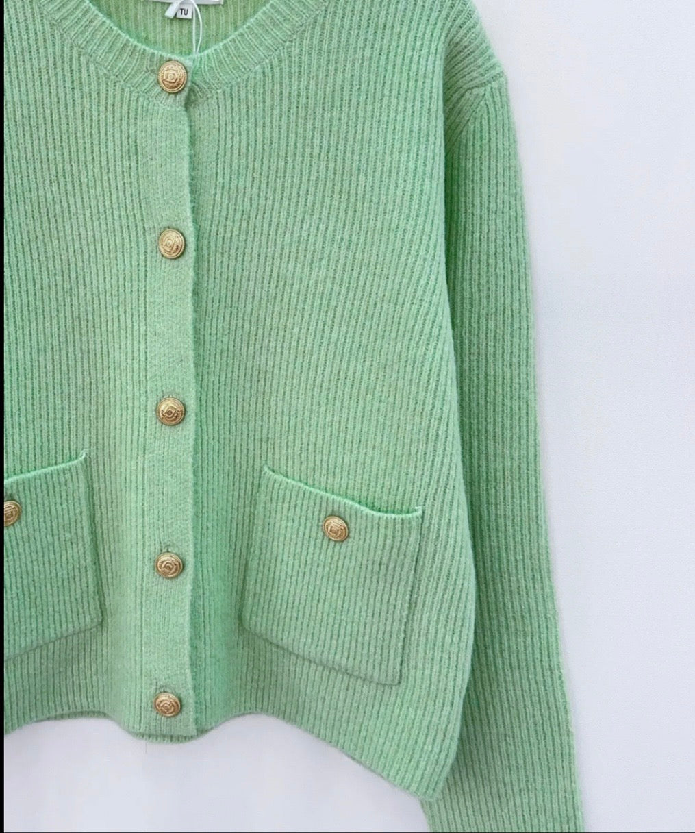 Anna Sage Green Cardigan With Gold Button Detail