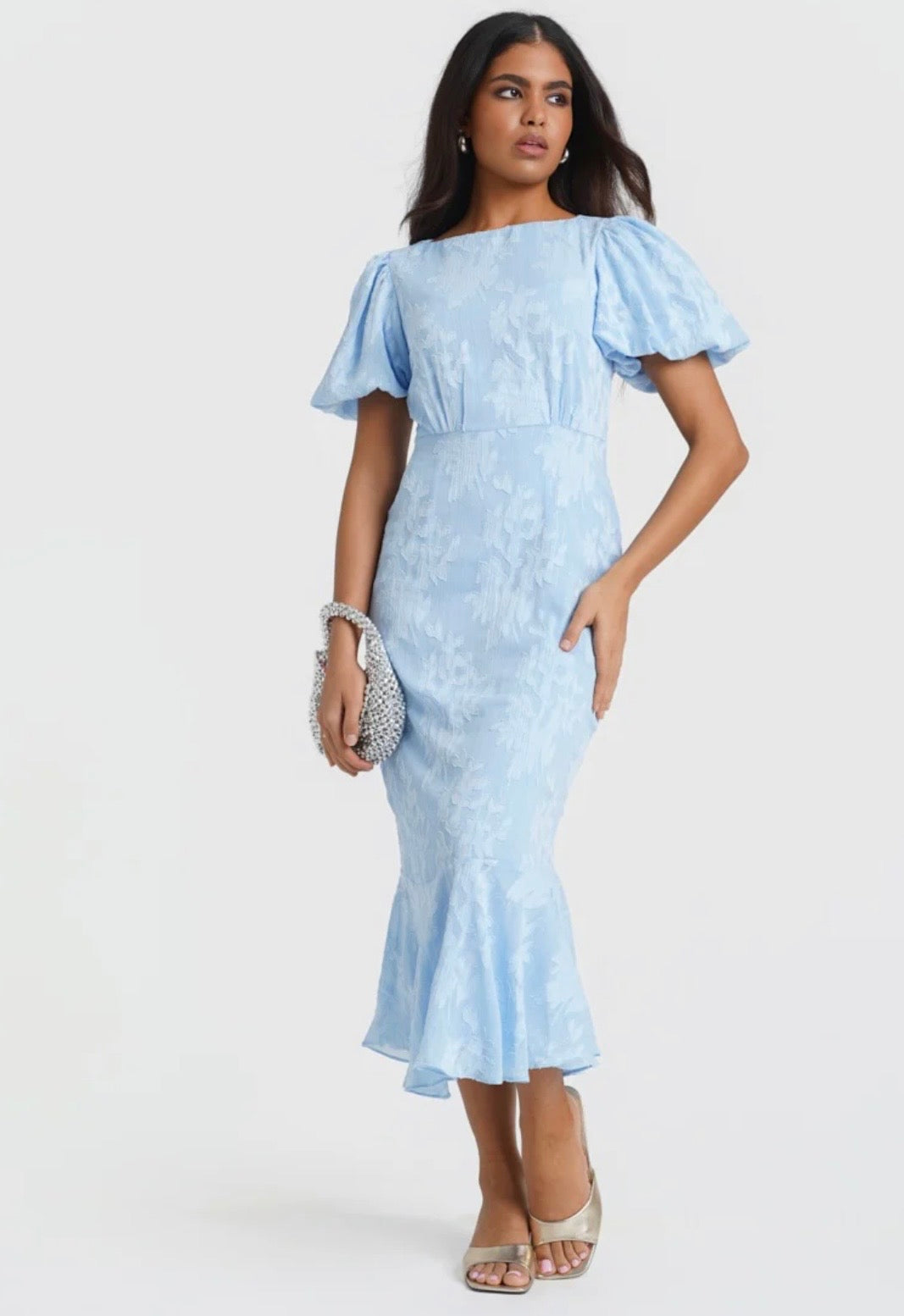 Eleanor Blue Jacquard Shimmer Puff Sleeve Occasion Dress