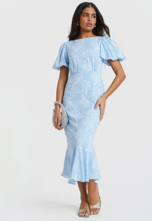 Eleanor Blue Jacquard Shimmer Puff Sleeve Occasion Dress