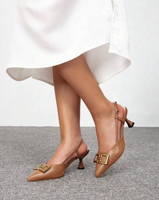 Tan Slingback Heels With Gold Buckle