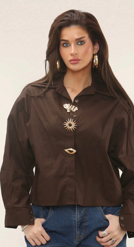 Brown Gold Brooch Embellished Shirt