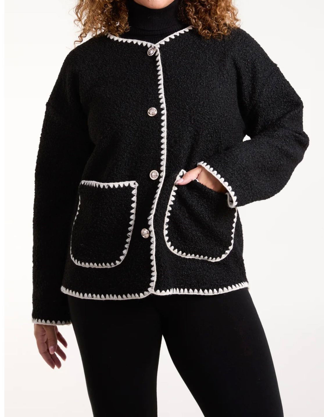 Ava Blanket Stitch Gold Button Jacket In Black