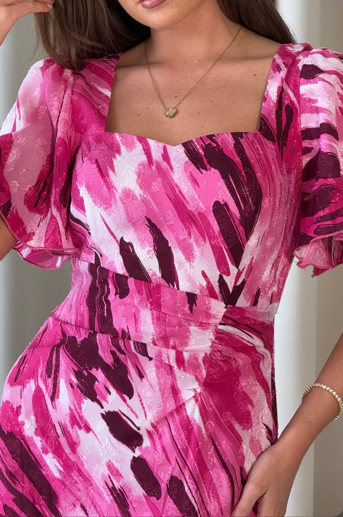 Heidi Pink Abstract Burnout Ruched Midi Dress (Size 8)