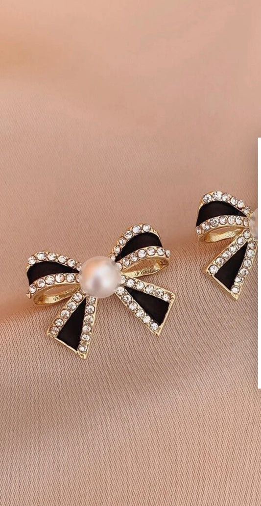 Black Bow Diamanté & Pearl Earrings