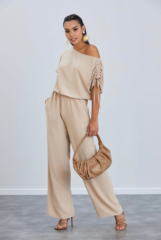 Leah Off The Shoulder Wide Leg Jumpsuit In Beige