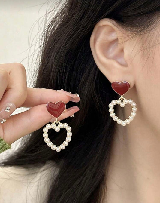 Burgundy Pearl Heart Earrings