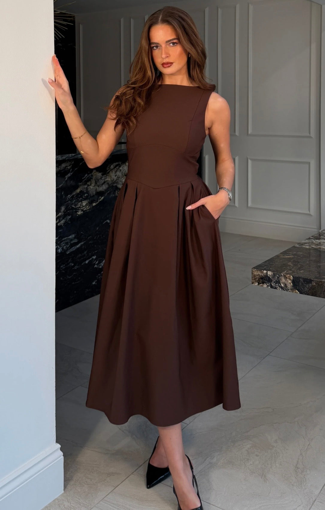Nesta Boat Neck Skater Midi Dress Brown
