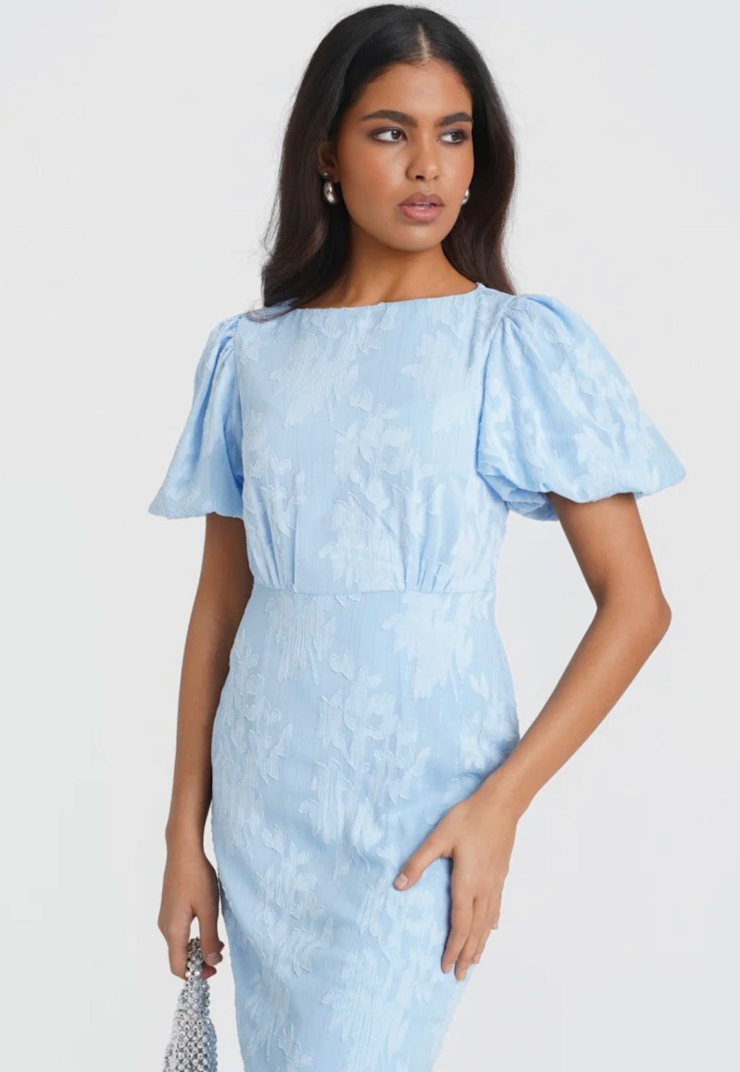 Eleanor Blue Jacquard Shimmer Puff Sleeve Occasion Dress