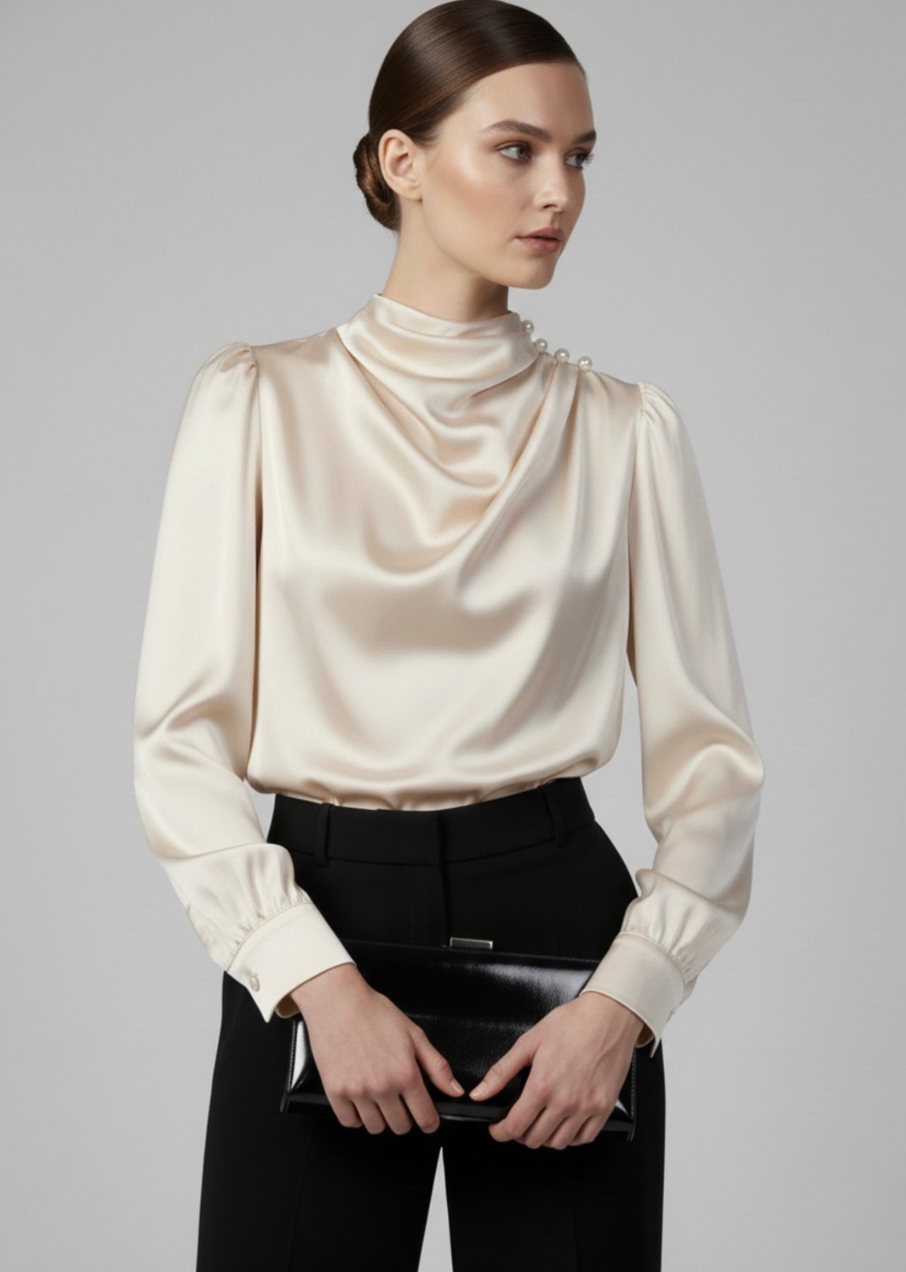 Champagne Satin Pearl Neck Blouse