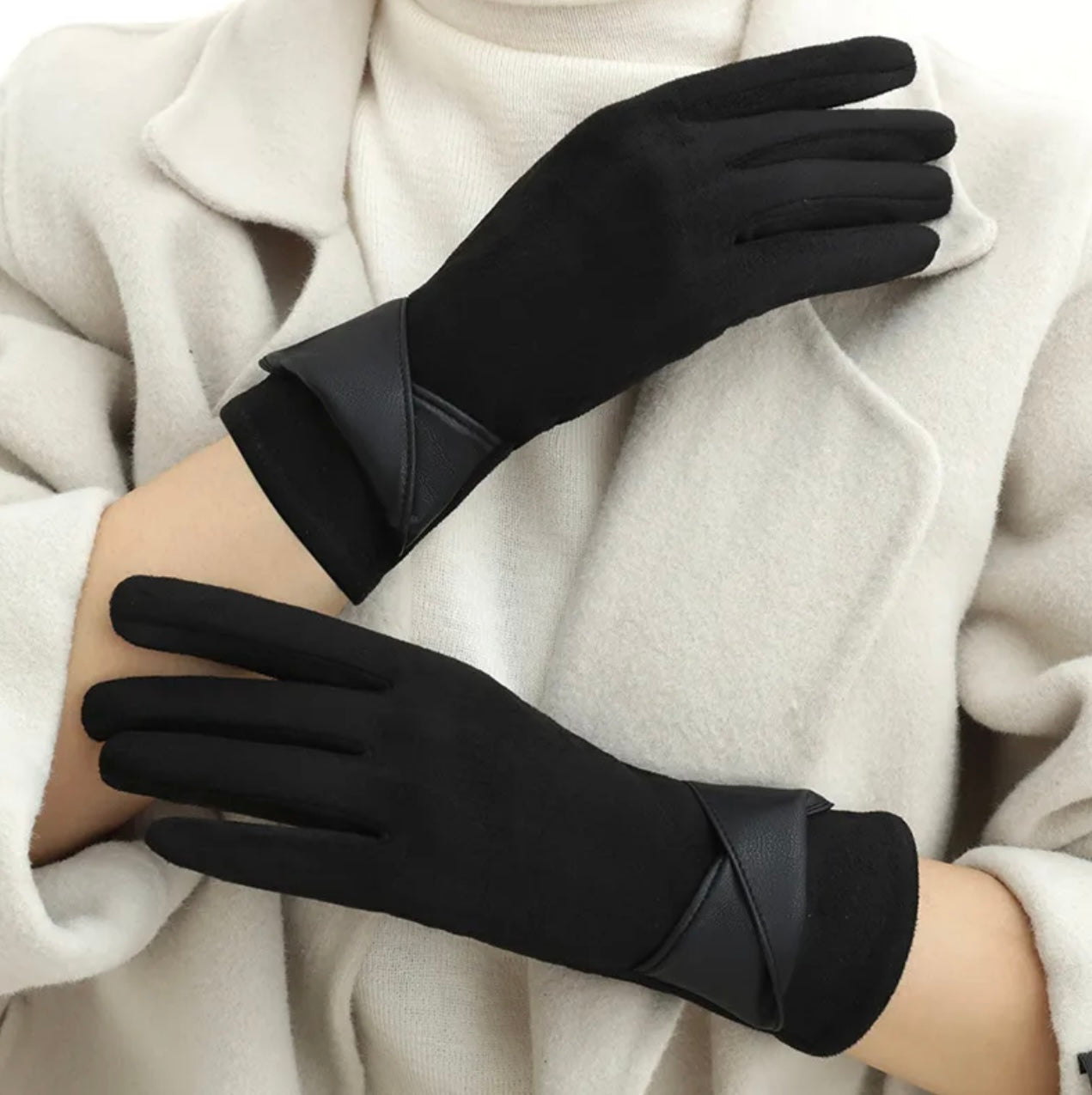 Black Part Leather Gloves