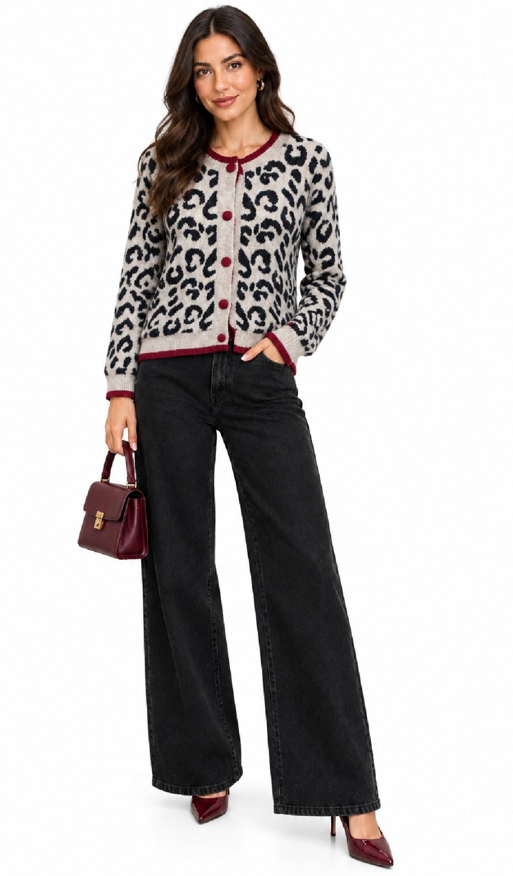 Holly Leopard Print Cardigan In Taupe With Burgundy Trim