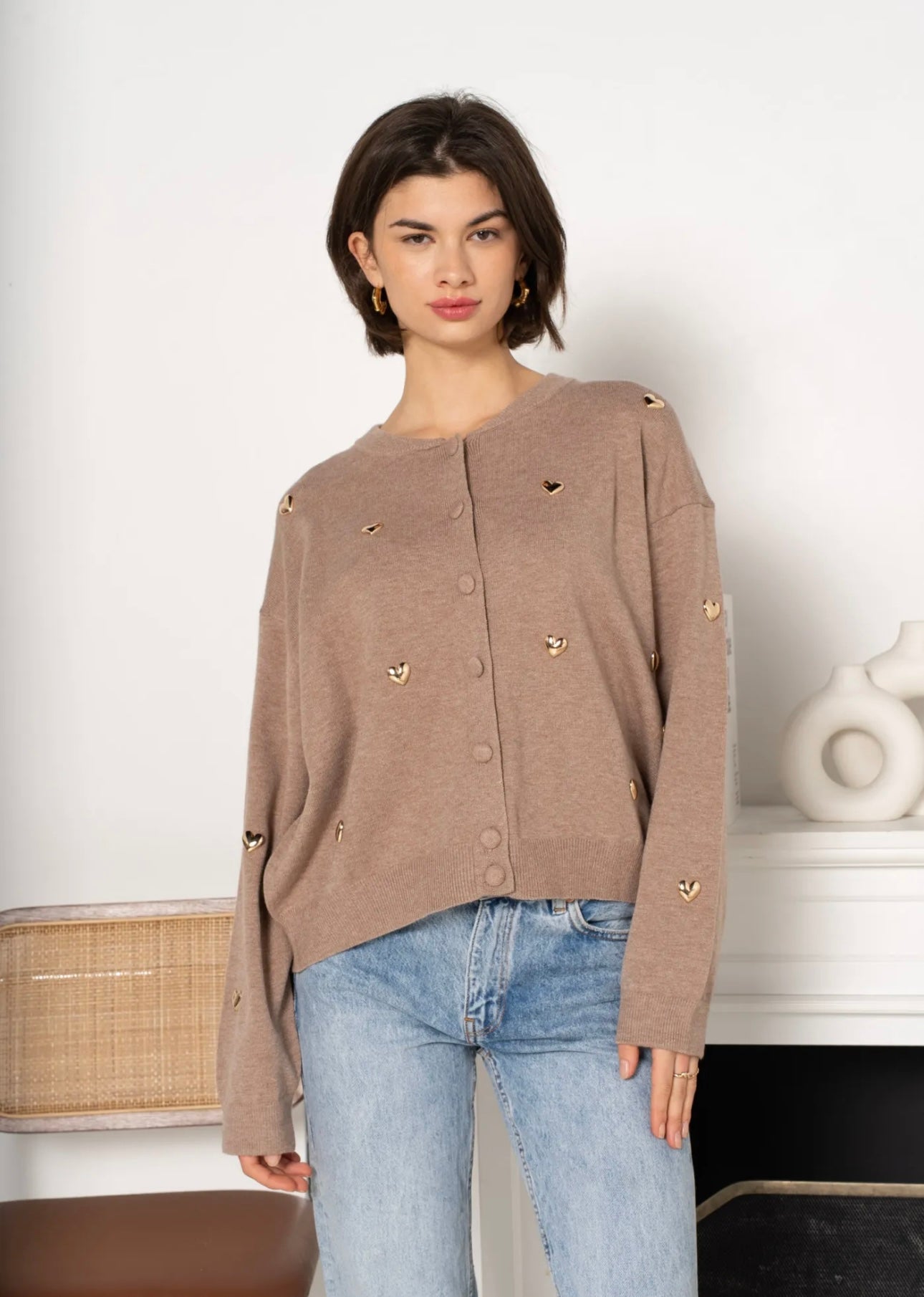 Natasha Taupe Heart Appliqué Detail Cardigan