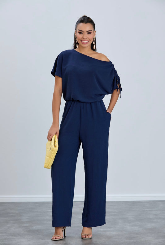 Leah Off The Shoulder Wide Leg Jumpsuit In Navy