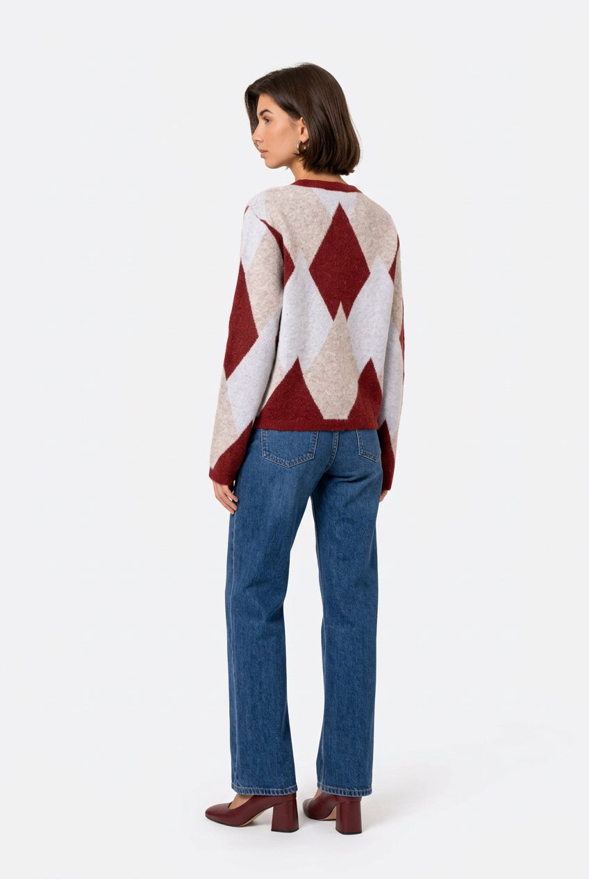 Olivia Burgundy & Grey Argyle Cardigan