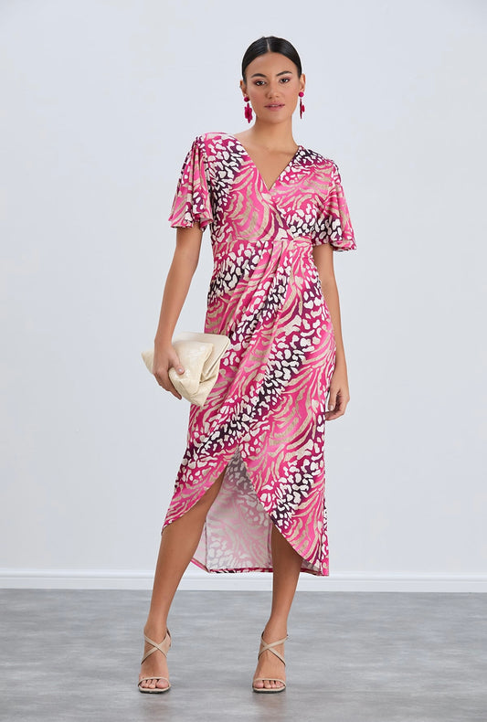 Kim Fushia Leopard Print Wrap Midi Dress