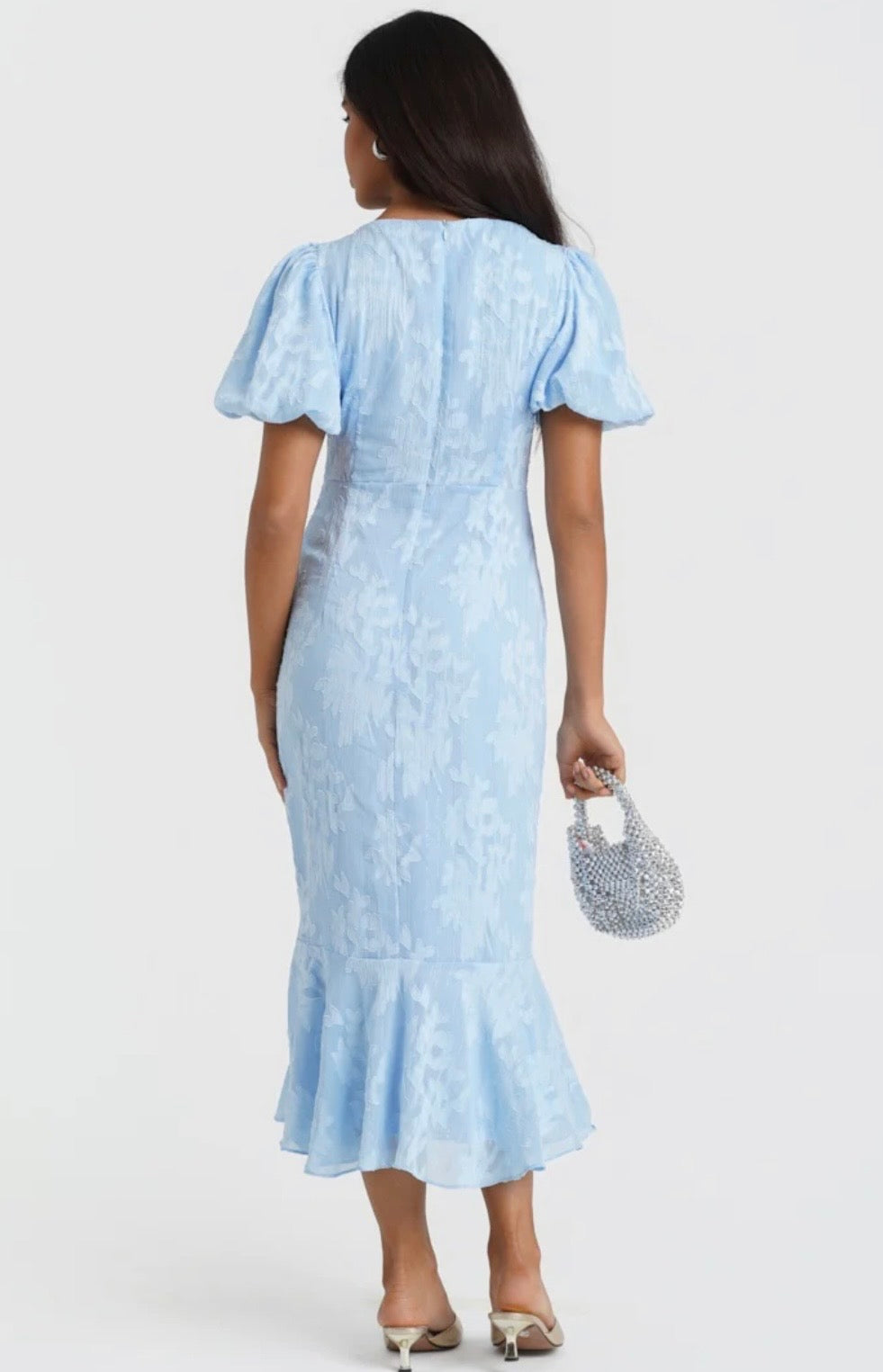 Eleanor Blue Jacquard Shimmer Puff Sleeve Occasion Dress