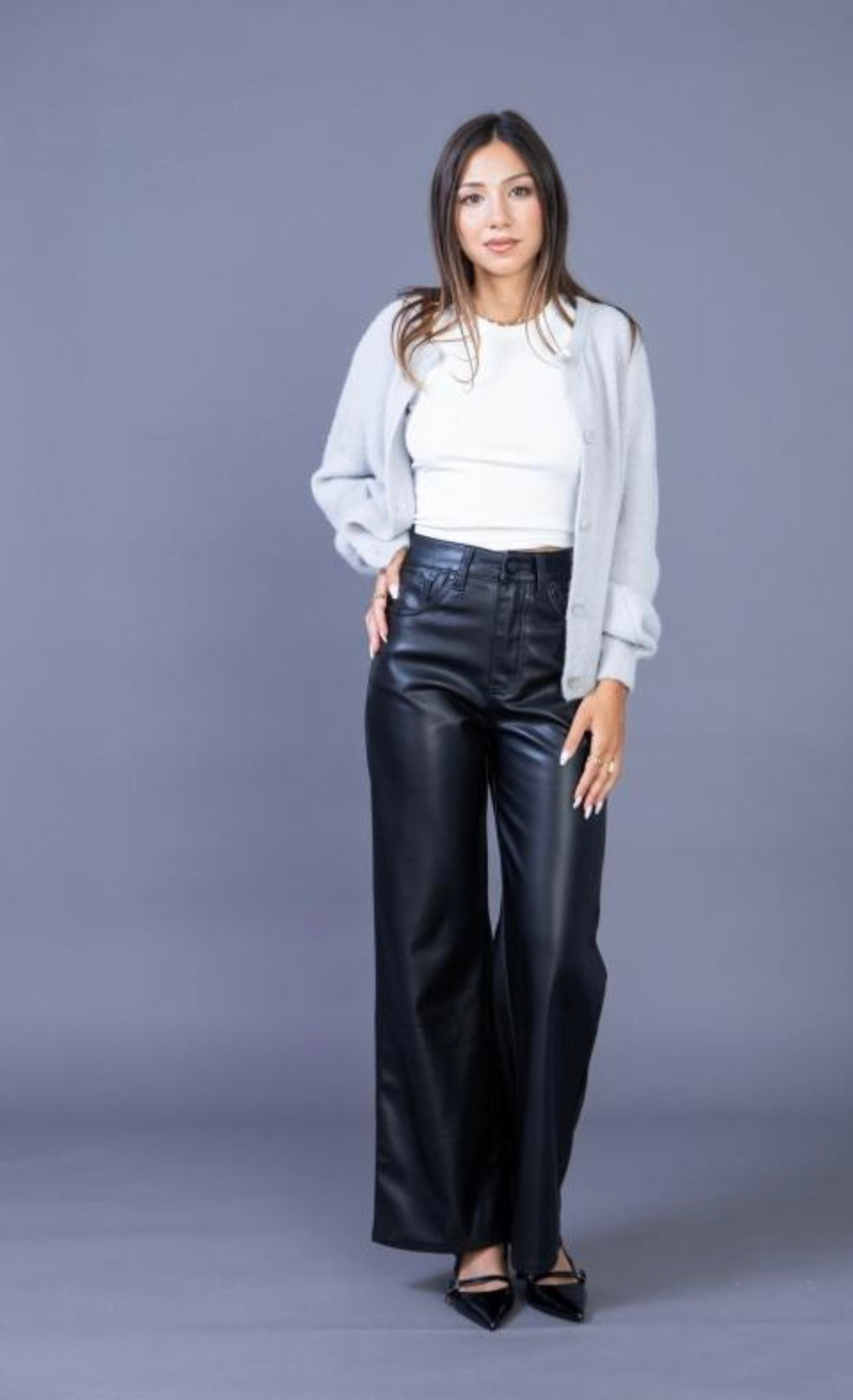 Black Leather Wide Leg Trousers