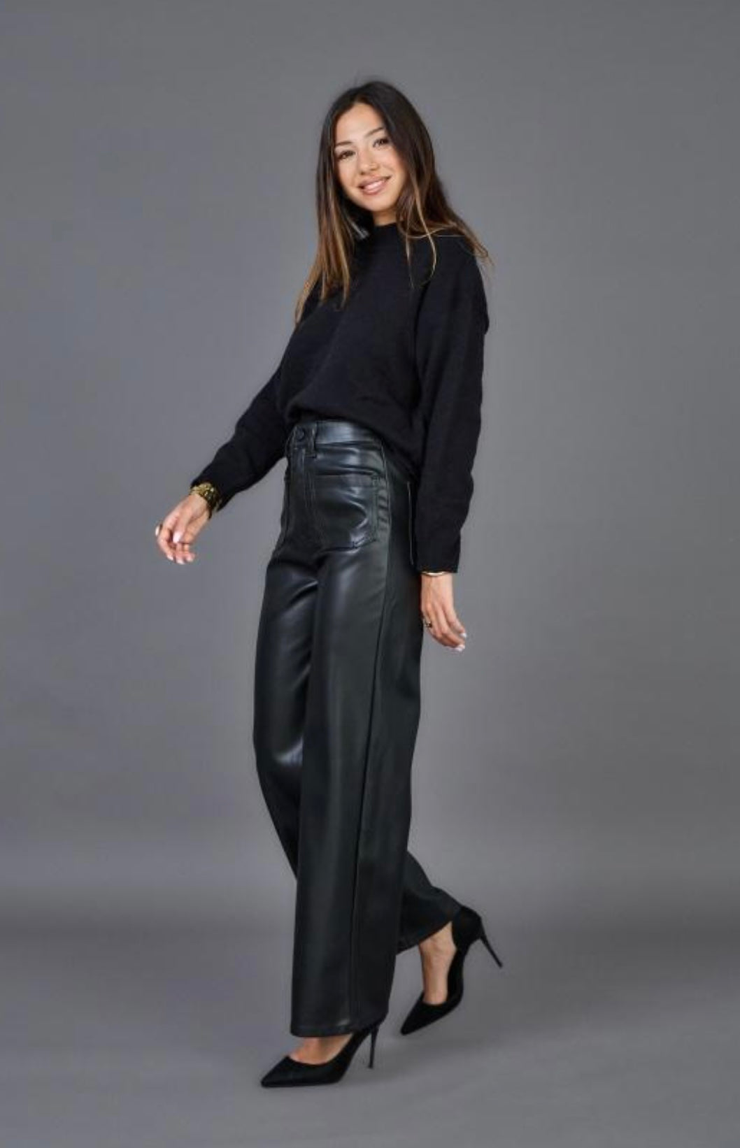 Black Leather 2 Front Pocket Wide Leg Trousers