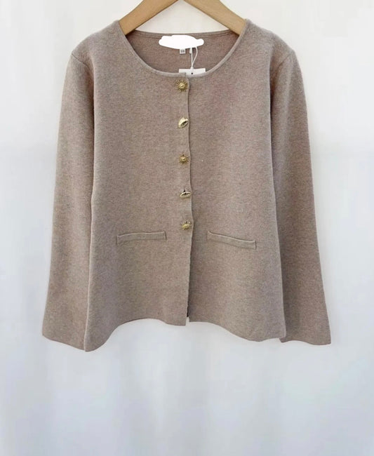Carly Taupe Peplum Cardigan Top With Gold Button Appliqué