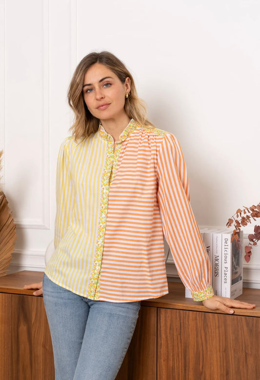 Michelle Lemon & Orange Floral Striped Shirt (size 8,10,12)