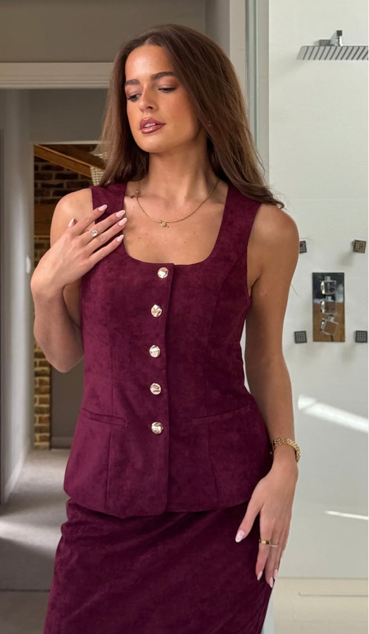 Berry Suede Waistcoat With Gold Button Appliqué