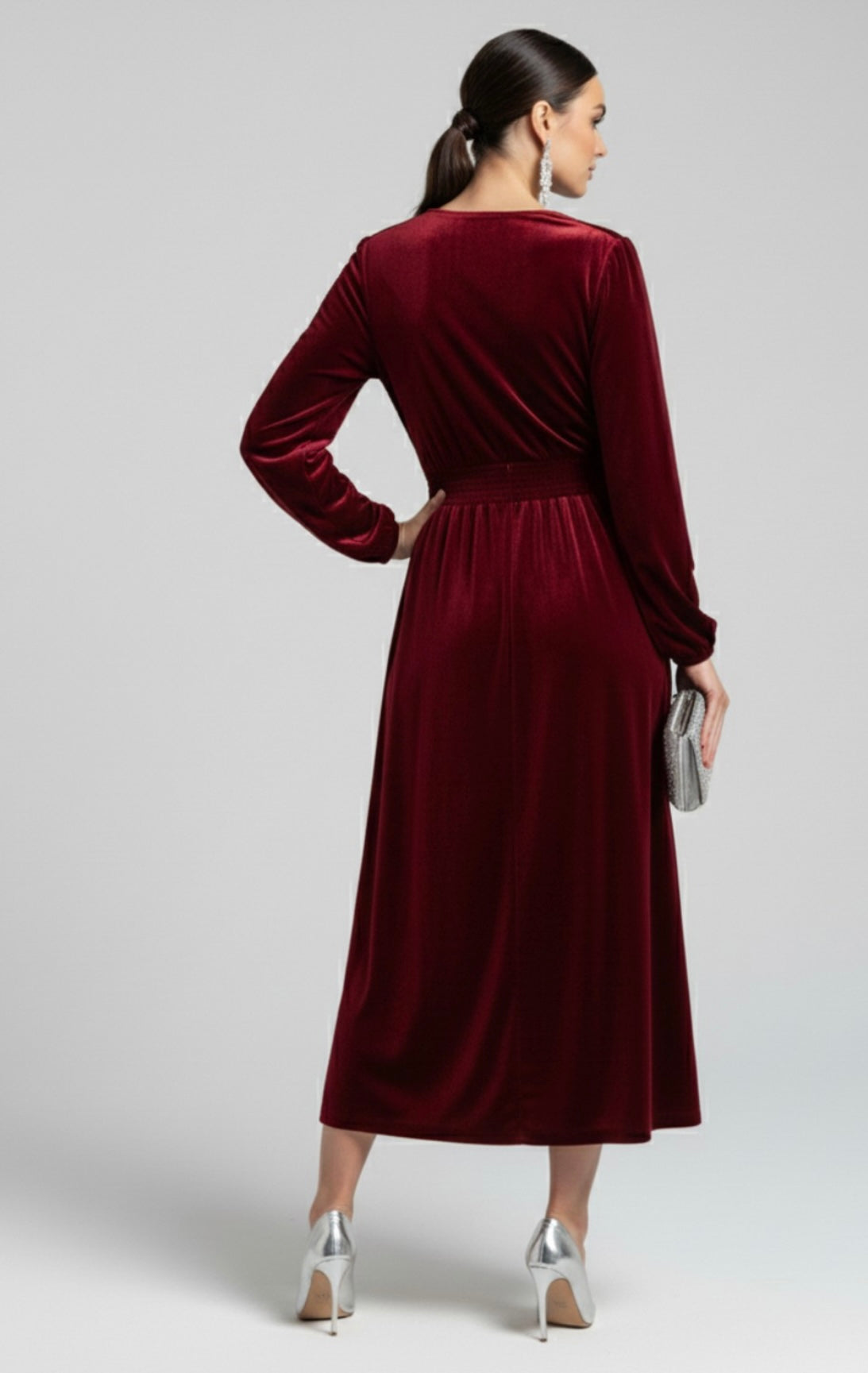 Burgundy Velvet Diamanté Button Embellished Midi Dress