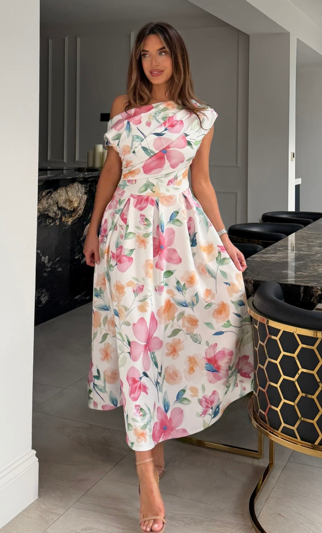 Betty Asymmetric Neckline Skater Midi Dress Print