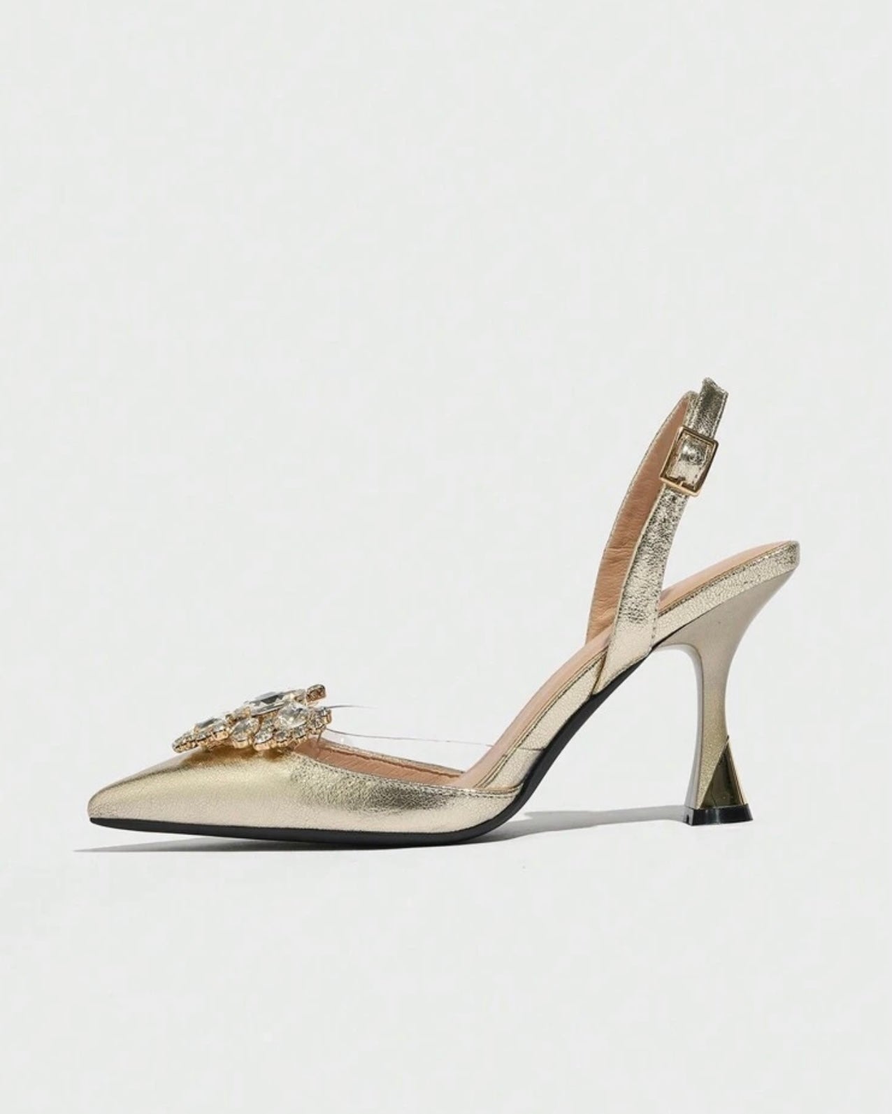 Gold Slingback Heels With Brooch Detail