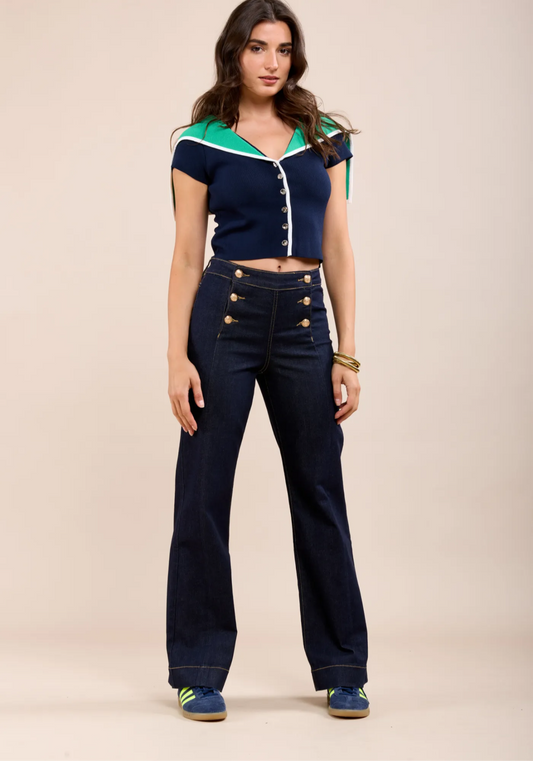 Toxik Dark Denim Gold Button Wide Leg Jeans