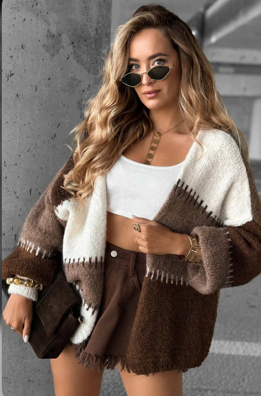 Brown Colour Block Cardigan