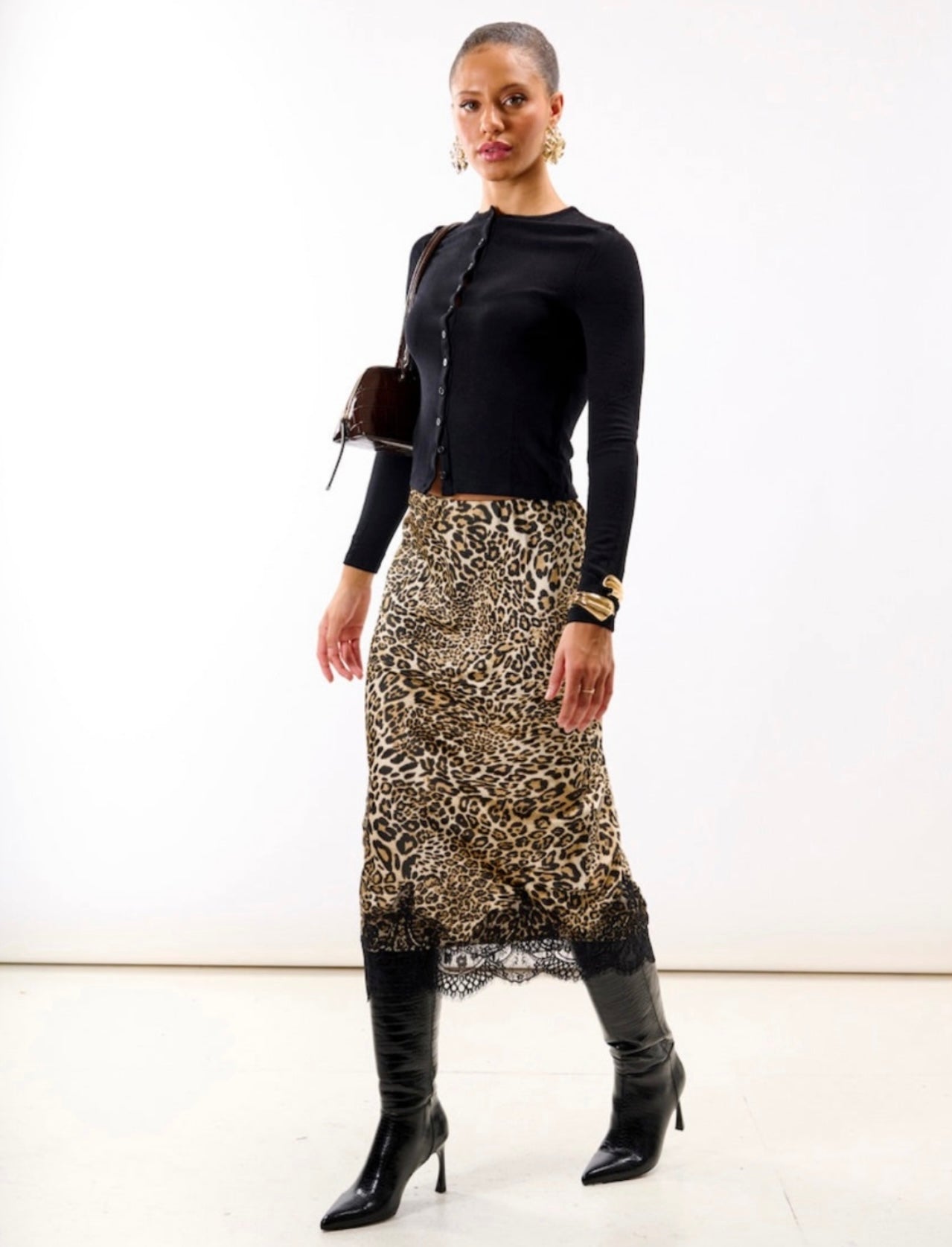 Leopard Print Satin Lace Midi Skirt
