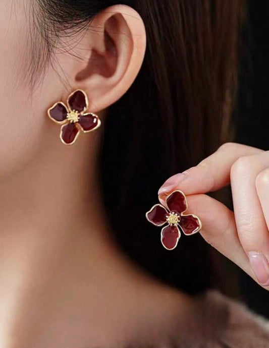 Burgundy & Gold Floral Earrings