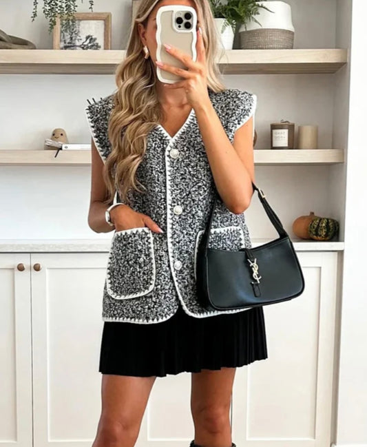 Dottie Boucle Grey & White Piped Waistcoat