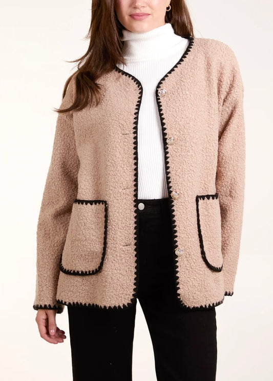 Ava Blanket Stitch Gold Button Jacket In Camel