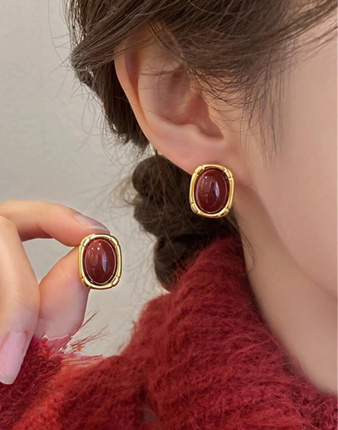 Burgundy & Gold Stud Earrings