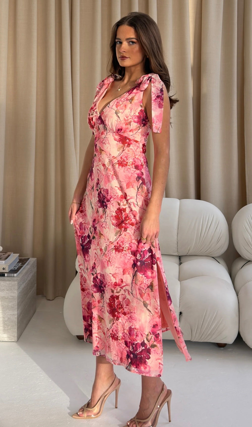 Beverly Floral Tie Shoulder Midi Dress